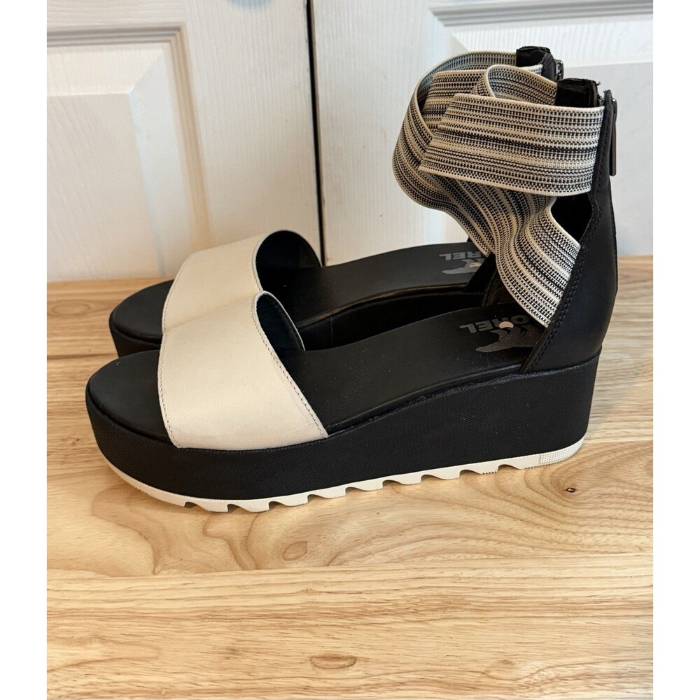 Sorel Cameron Sandals Womens 9 Back Zip Flatform Ankle Strappy Black White